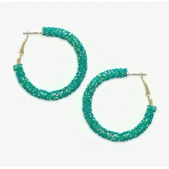 Bijoux Bar Turquoise Beaded Stainless Steel Hoop Earrings - Picture 5 of 5
